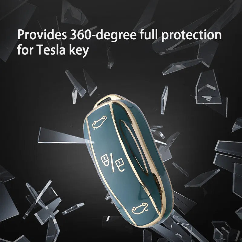 TPU Key Fob Cover for Tesla Model 3/Y/X/S – Full Protection, Fashionable Gold-Rimmed Design-1