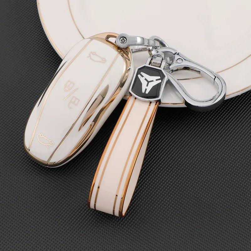 TPU Key Fob Cover for Tesla Model 3/Y/X/S – Full Protection, Fashionable Gold-Rimmed Design-2