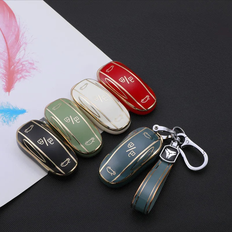 TPU Key Fob Cover for Tesla Model 3/Y/X/S – Full Protection, Fashionable Gold-Rimmed Design
