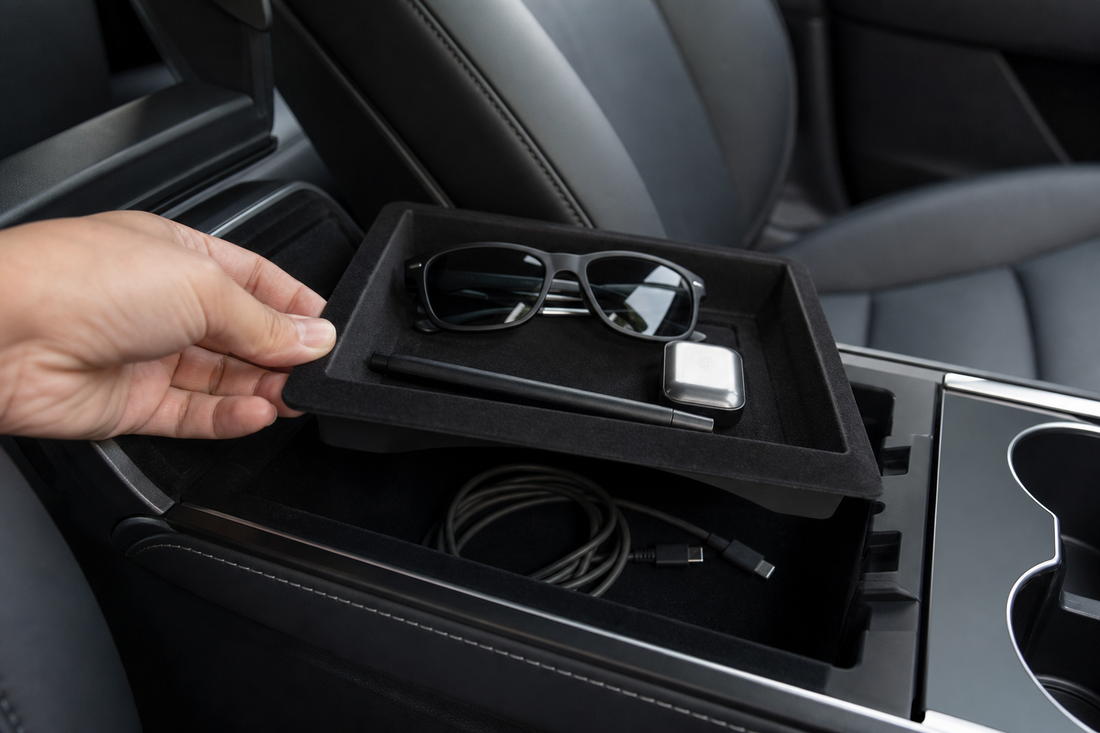 Tesla center console tray detail in the cabin