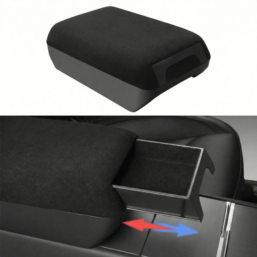 Center Console Armrest Riser with Hidden Sliding Storage for Model 3 Highland & Model Y Juniper Classic Black Alcantara