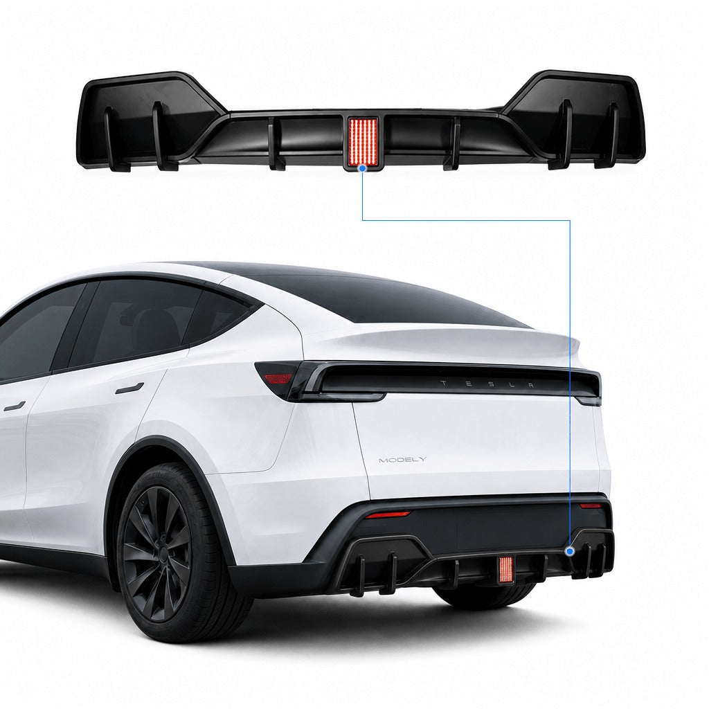 Rear Bumper Lip Spoiler & Diffuser with Flashing LED Pilot Brake Light for Model Y Juniper