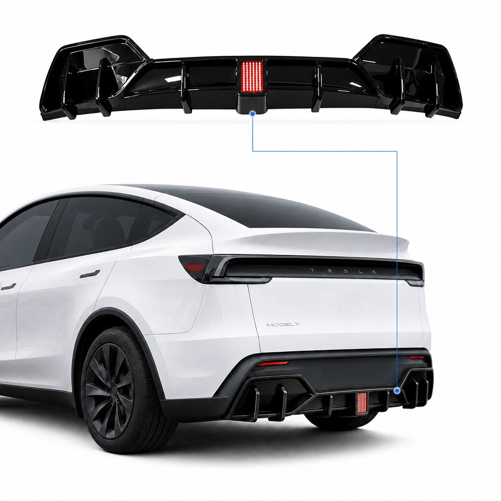Rear Bumper Lip Spoiler & Diffuser with Flashing LED Pilot Brake Light for Model Y Juniper