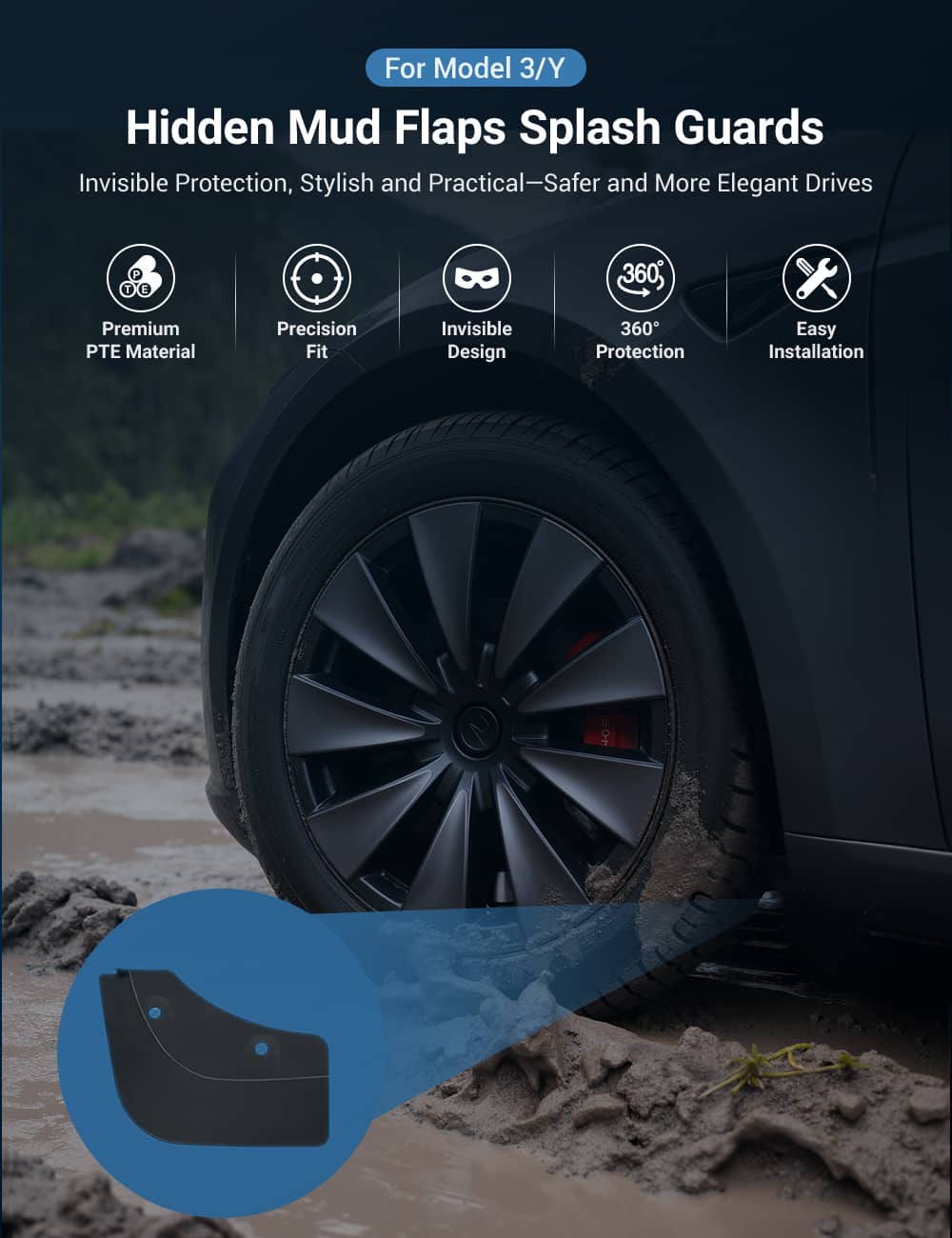 Hidden Mud Flaps Splash Guards for Model 3 Highland / Model Y Juniper