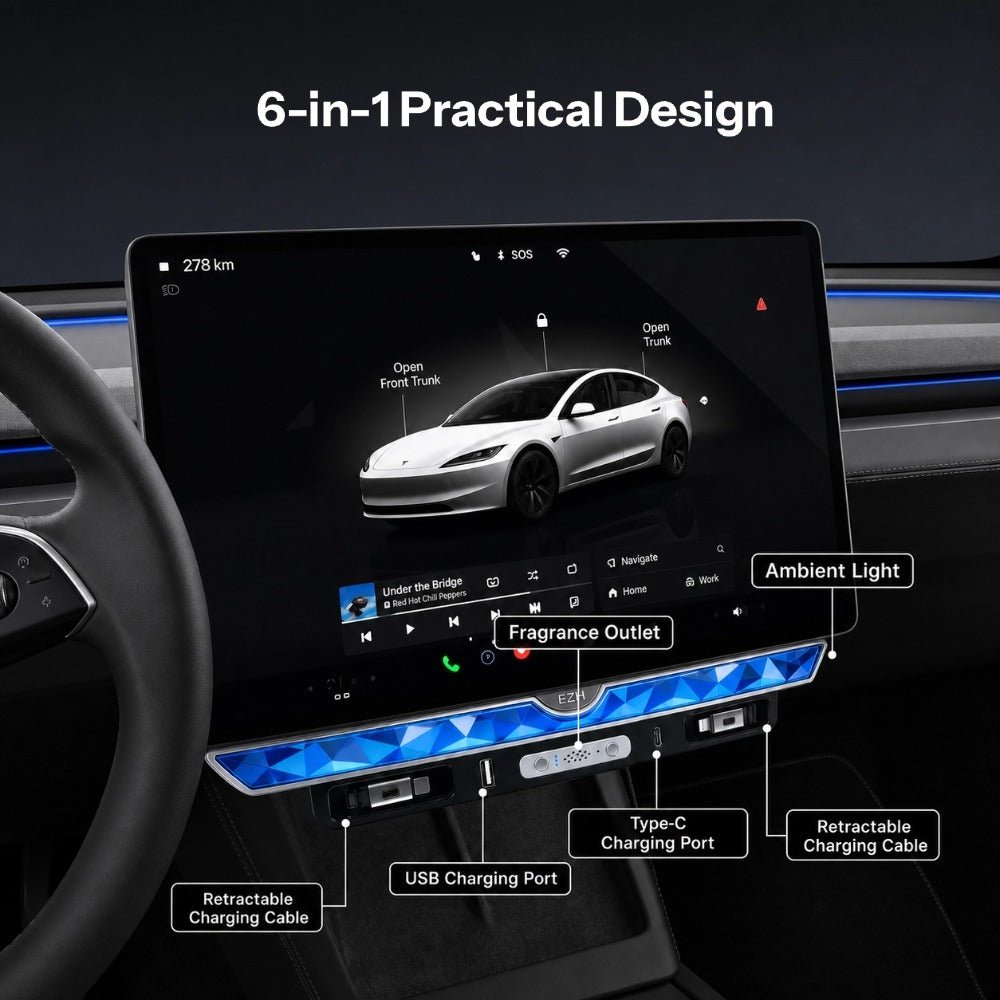 Model 3 Highland/Model Y Juniper Under Screen Crystal Dock | 3-in-1 Ambient Light, Aromatherapy & USB Fast Charging