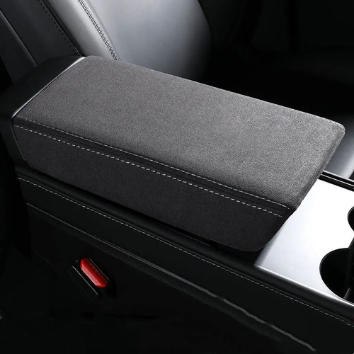Suede Armrest Cover for Tesla Model 3/Model Y(With Logo) Suede (White Stitching)