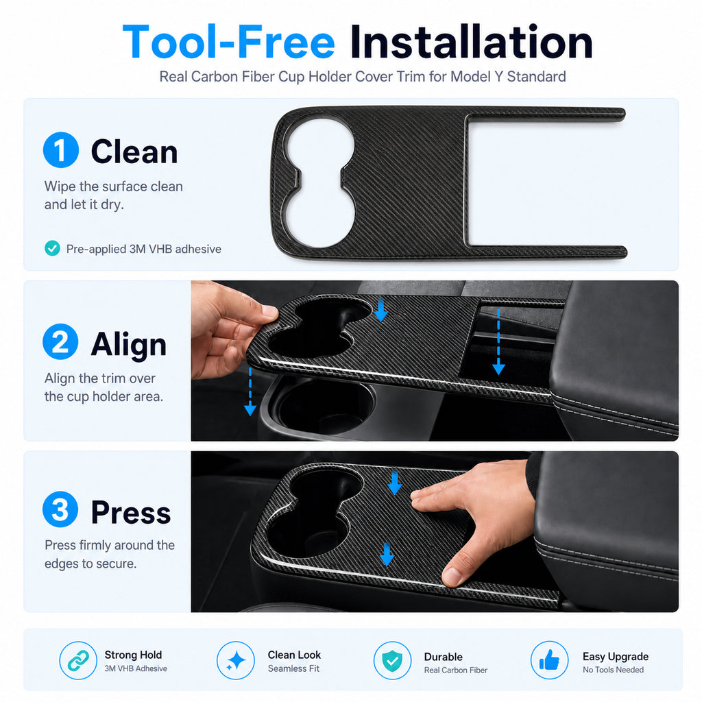 Real Carbon Fiber Center Console Cup Holder Cover Trim for Model Y Standard 2026+
