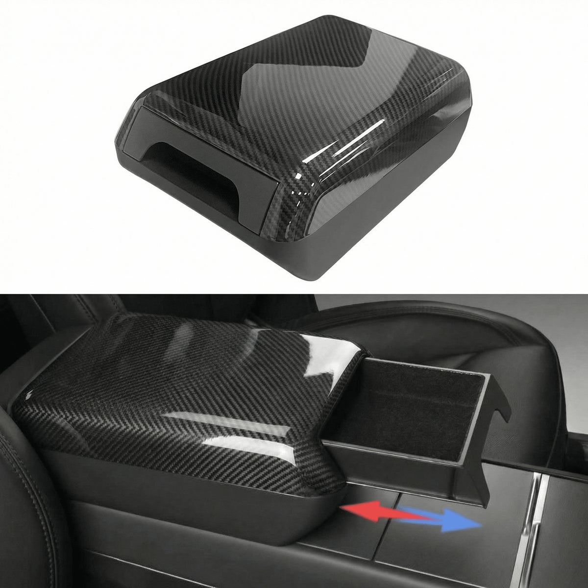 Center Console Armrest Riser with Hidden Sliding Storage for Model 3 Highland & Model Y Juniper Glossy Carbon Fiber Finish