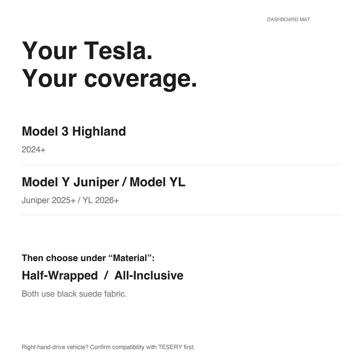 Suede-Fabric Dashboard Mat for Tesla Model 3 Highland, Model Y Juniper & YL