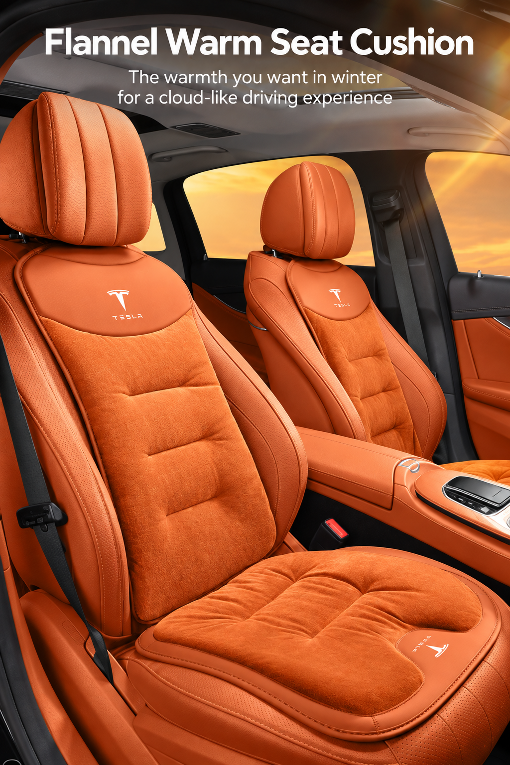 Winter Warm Flannel Seat Cushions & Backrest Covers for Tesla Model 3/Y/YL/S/X – Soft, Comfortable & Non-Slip orange Front row 4-piece set