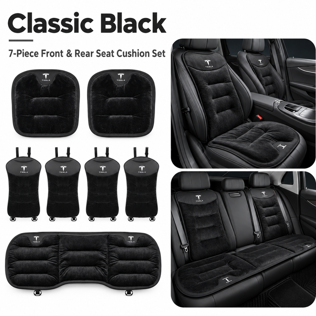Winter Warm Flannel Seat Cushions & Backrest Covers for Tesla Model 3/Y/YL/S/X – Soft, Comfortable & Non-Slip Black 7-piece set for front and rear rows