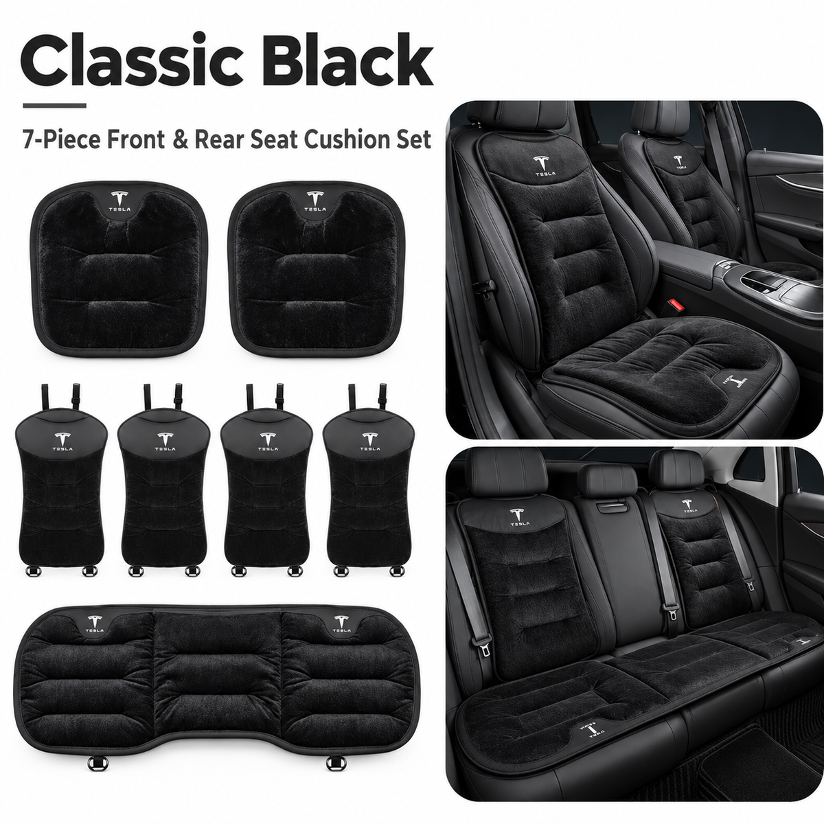 Winter Warm Flannel Seat Cushions & Backrest Covers for Tesla Model 3/Y/YL/S/X – Soft, Comfortable & Non-Slip Black 7-piece set for front and rear rows