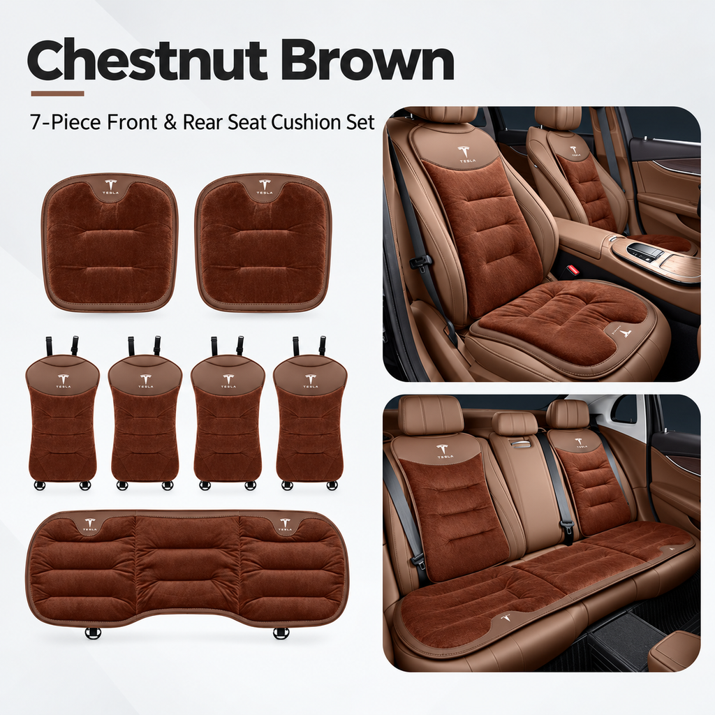 Winter Warm Flannel Seat Cushions & Backrest Covers for Tesla Model 3/Y/YL/S/X – Soft, Comfortable & Non-Slip brown 7-piece set for front and rear rows