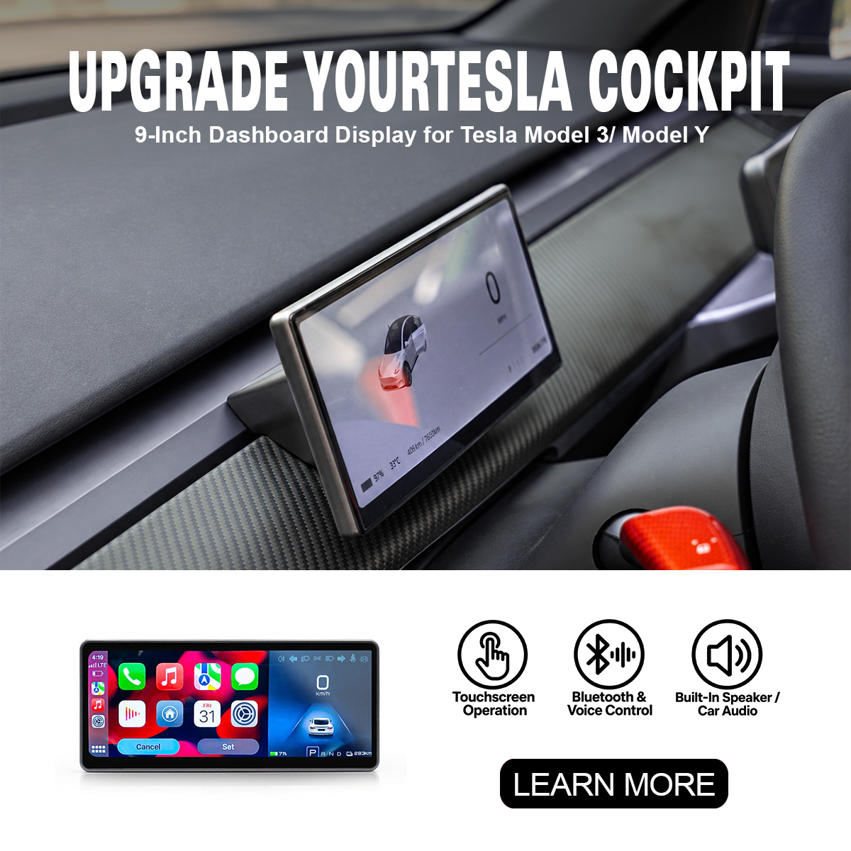 9‘’ Carplay Instrument Dashboard Screen Display for Tesla Model 3 / Y Model 3 2017-2023.8 & Model Y 2020-2025.02