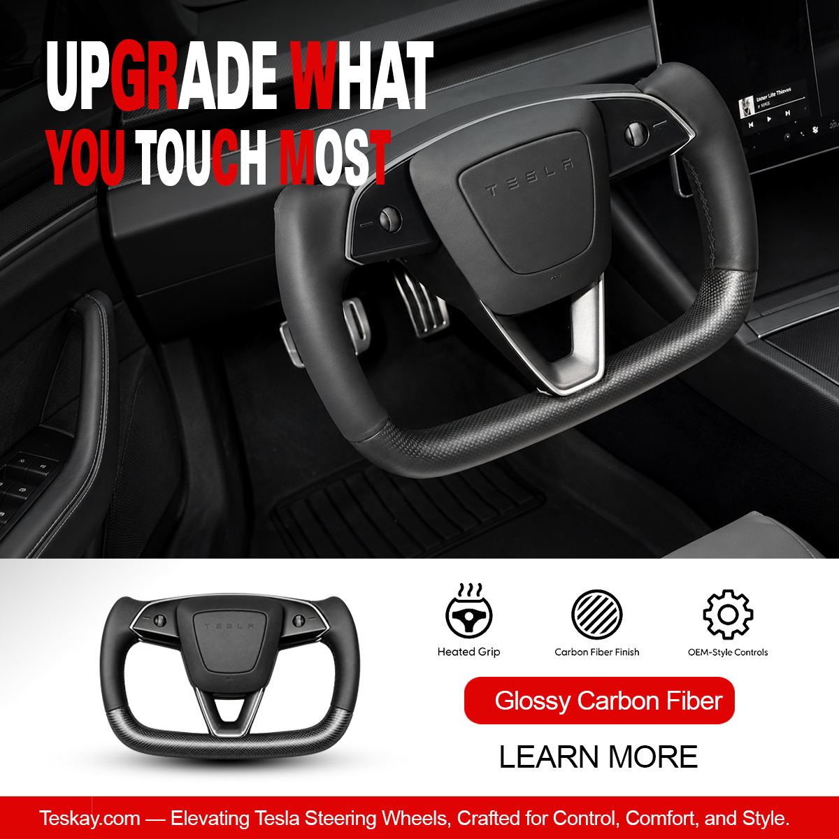 Carbon Fiber Heated Yoke Steering Wheel for Model 3 Highland / Model Y Juniper Glossy Carbon Fiber