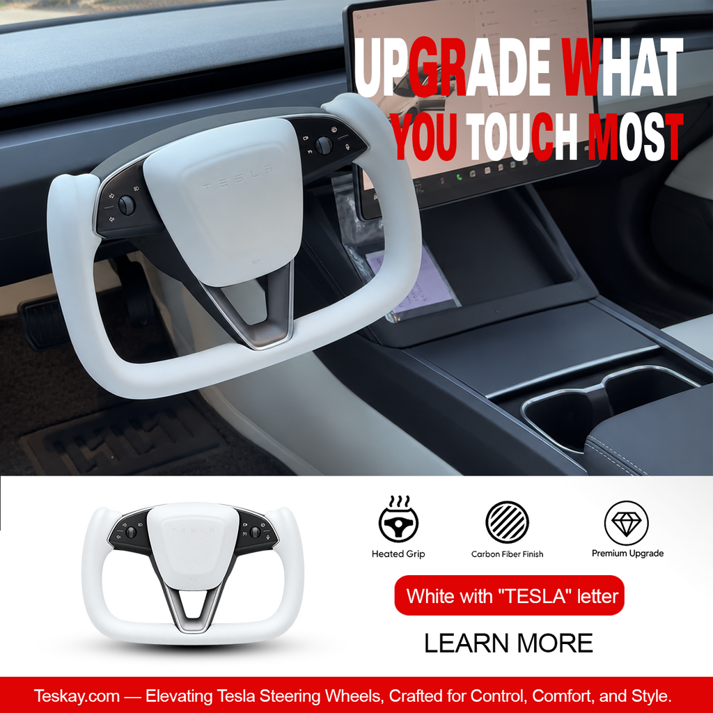 Juniper Yoke Plaid Steering Wheel for Model 3 Highland & Model Y（White Leather） White with “TESLA” letter