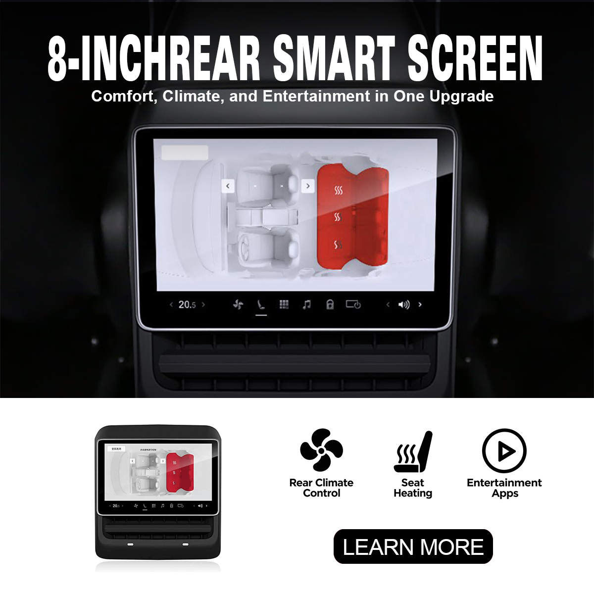8 Inch 4G Android Rear Entertainment Screen Display for Tesla Model Y / 3 Model 3 2019 - 2023 & Model Y 2020 - 2024