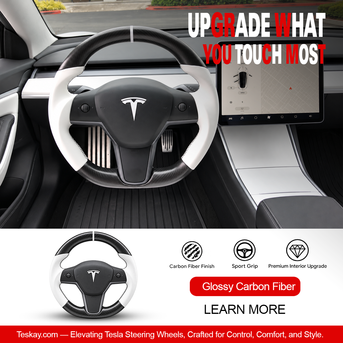 Sport Round Carbon Fiber Steering Wheel for Tesla Model 3/Y White with “T” Logo Glossy Carbon Fiber