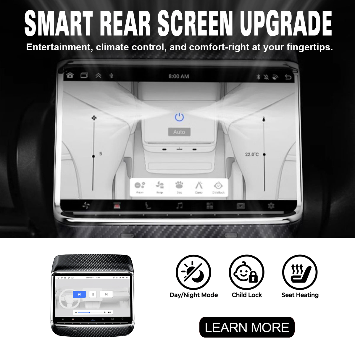 7.2 Inch Rear Android Entertainment Touch Screen Display for Tesla Model Y / 3 Model 3 2017 - 2019.02
