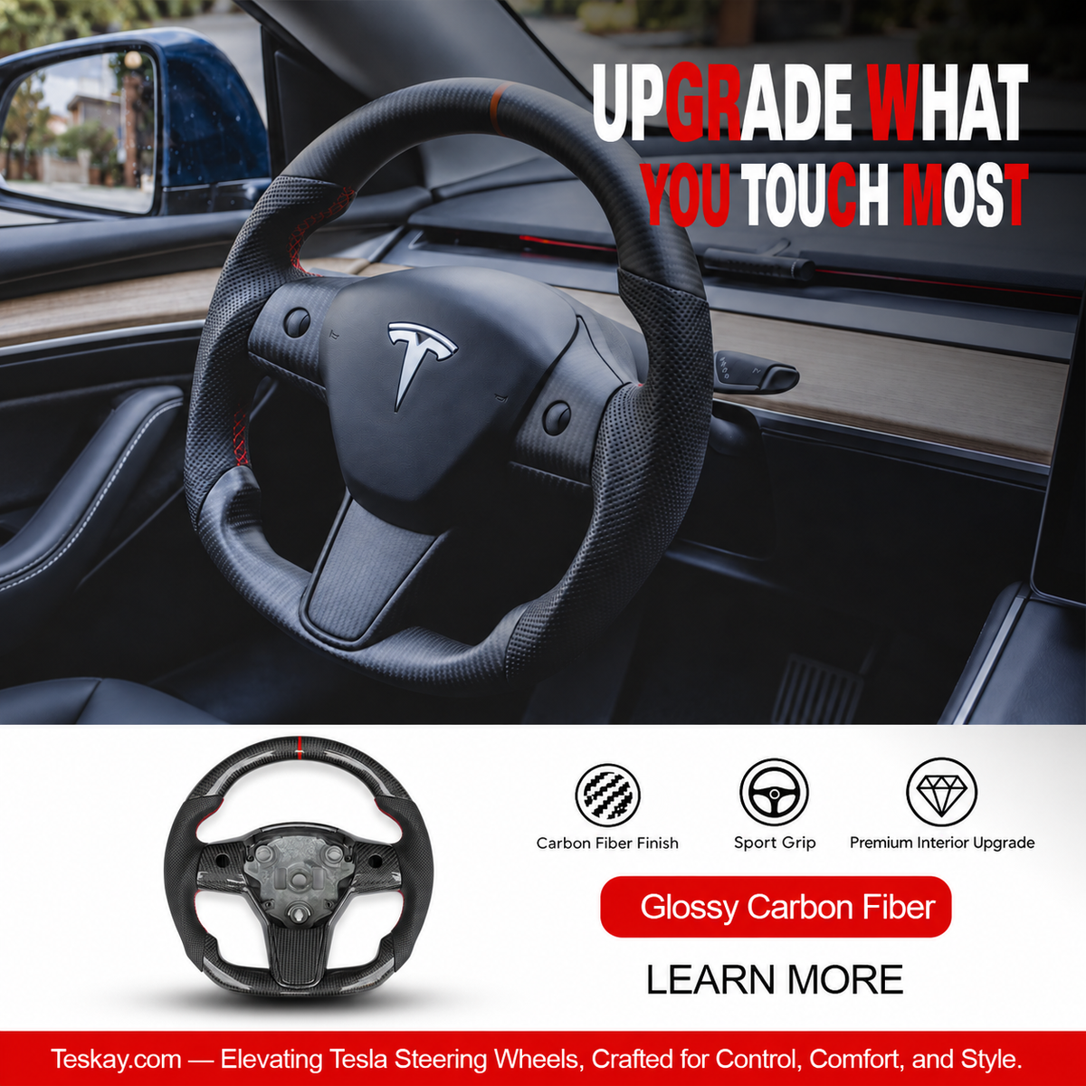Sport Carbon Fiber Steering Wheel for Tesla Model 3 / Y Glossy Carbon Fiber