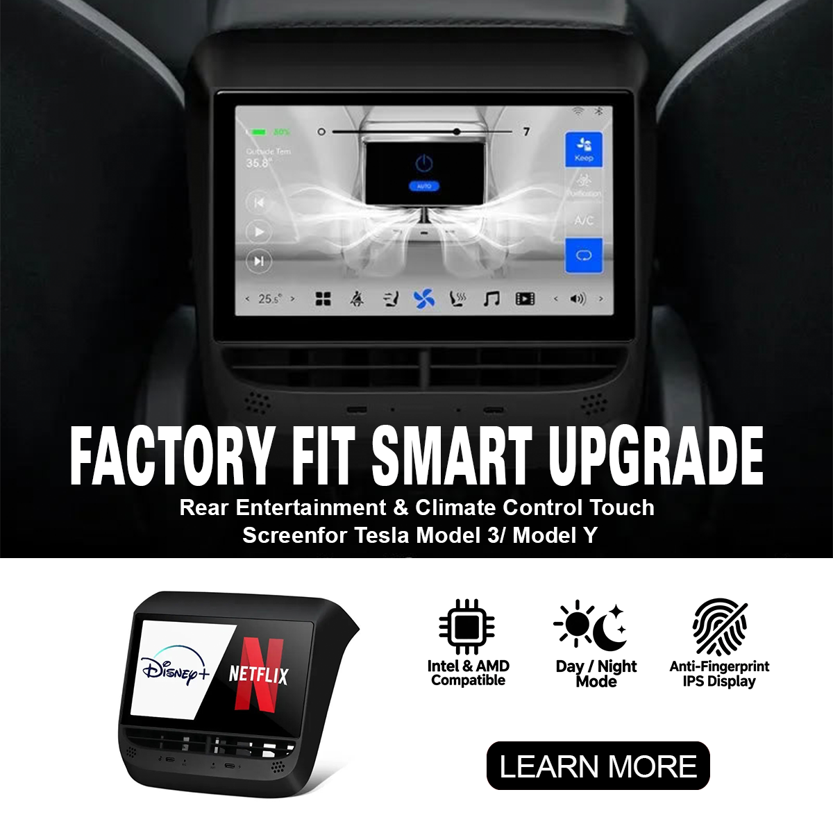 Rear Entertainment and Climate Control Touch Screen Display for Tesla Model 3/Y 7 Inches (Screen Embedded)