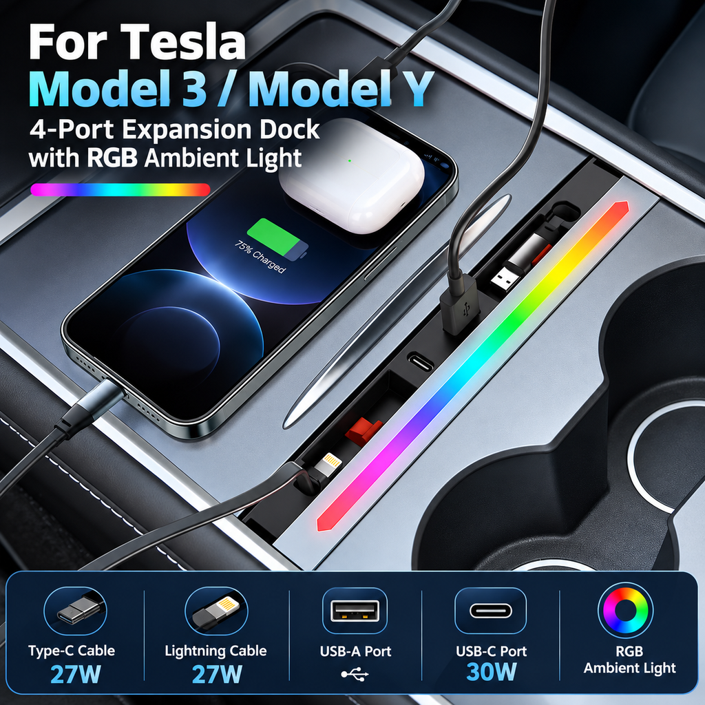 Center Console Ambient Light USB Hub Tesla Model Y Juniper / Model 3 Highland