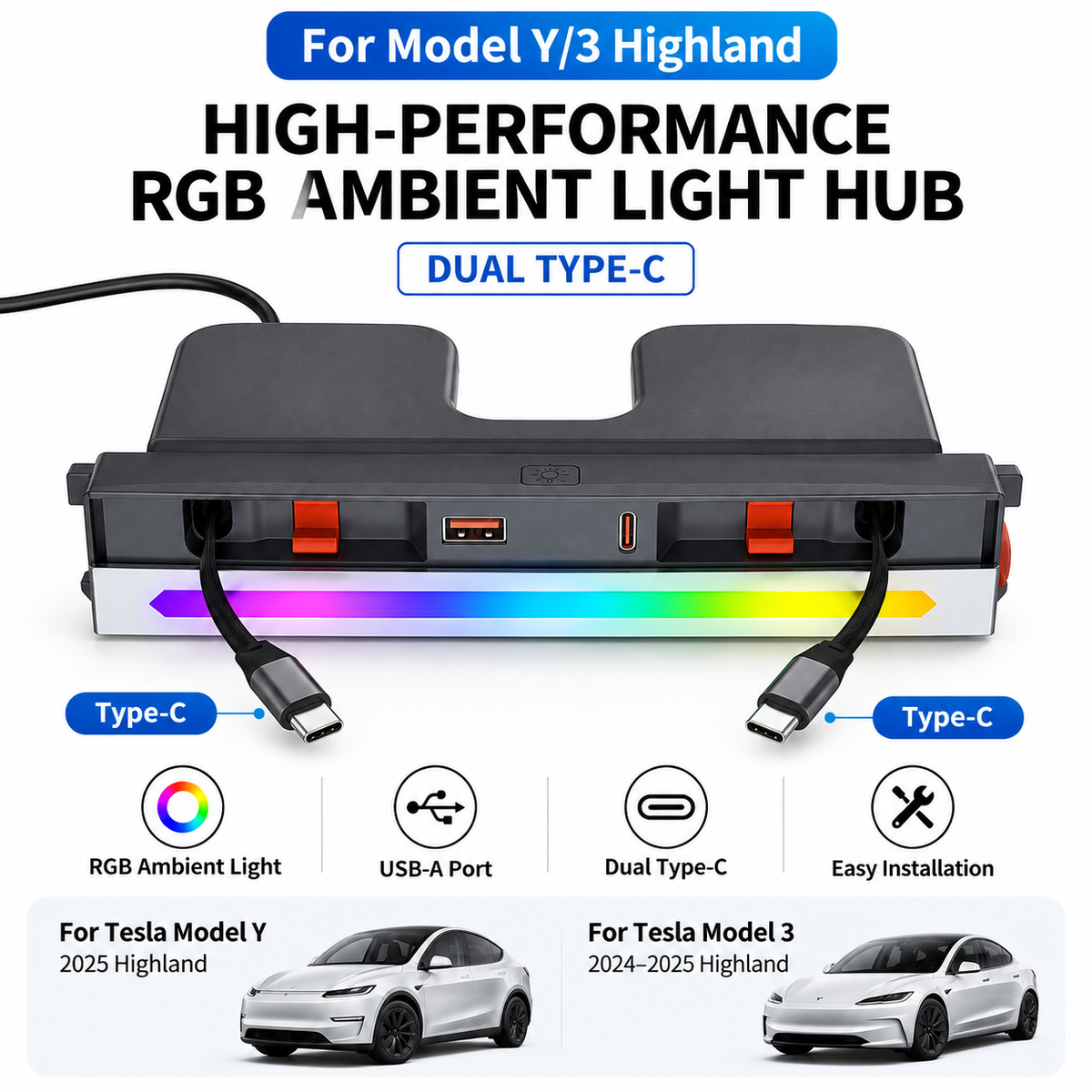 Center Console Ambient Light USB Hub Tesla Model Y Juniper / Model 3 Highland Type C + Type C