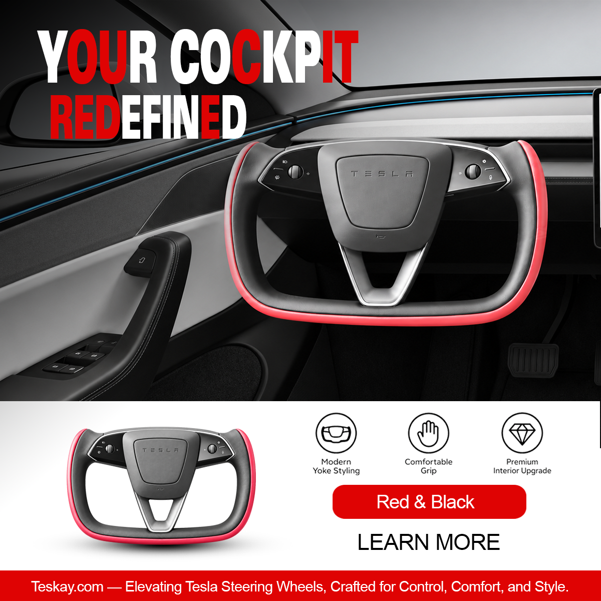 Yoke Steering Wheel for Model 3 Highland / Model Y Juniper Red & Black