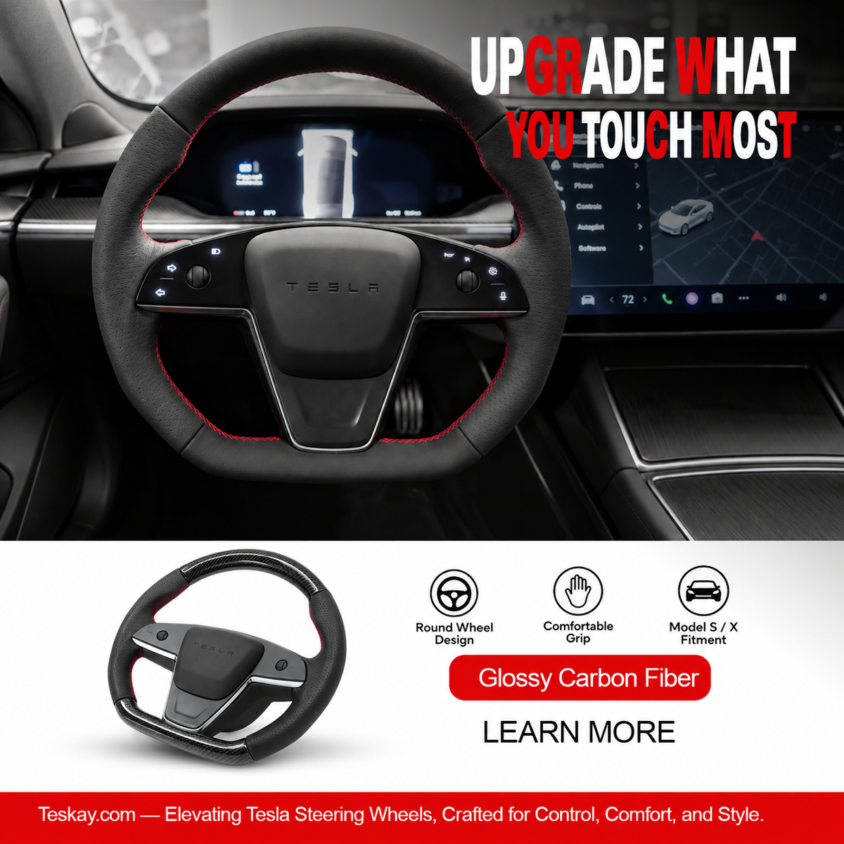 Plaid Round Steering Wheel Replacement for Tesla Model S / X 2021-2025 Model S Glossy Carbon Fiber