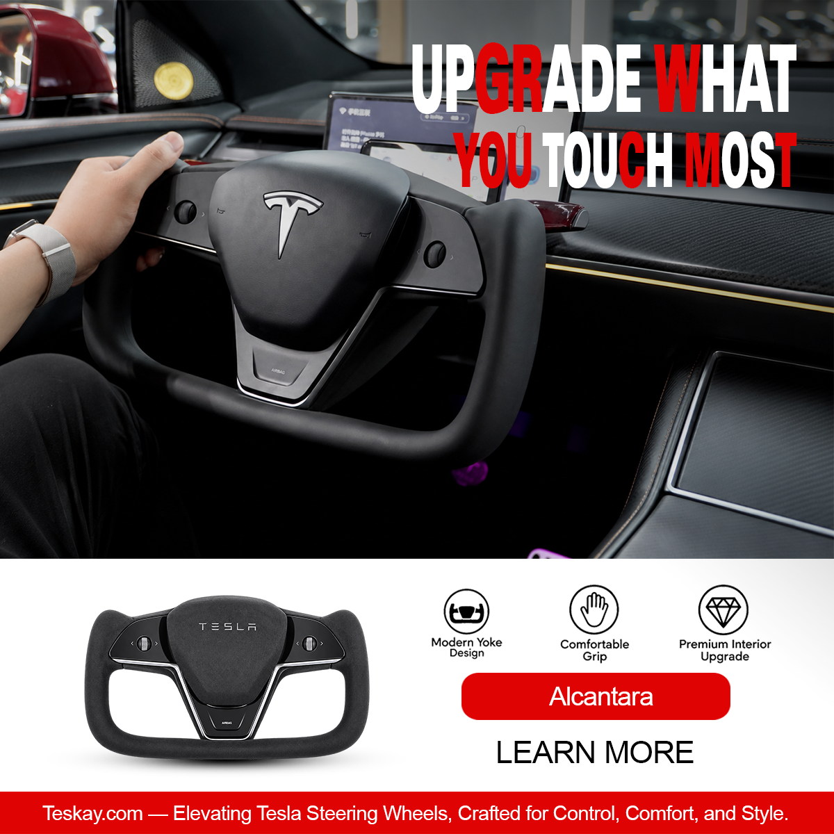 New Plaid Steering Wheel for Tesla Model 3 / Y Alcantara Alcantara with "TESLA" Letters
