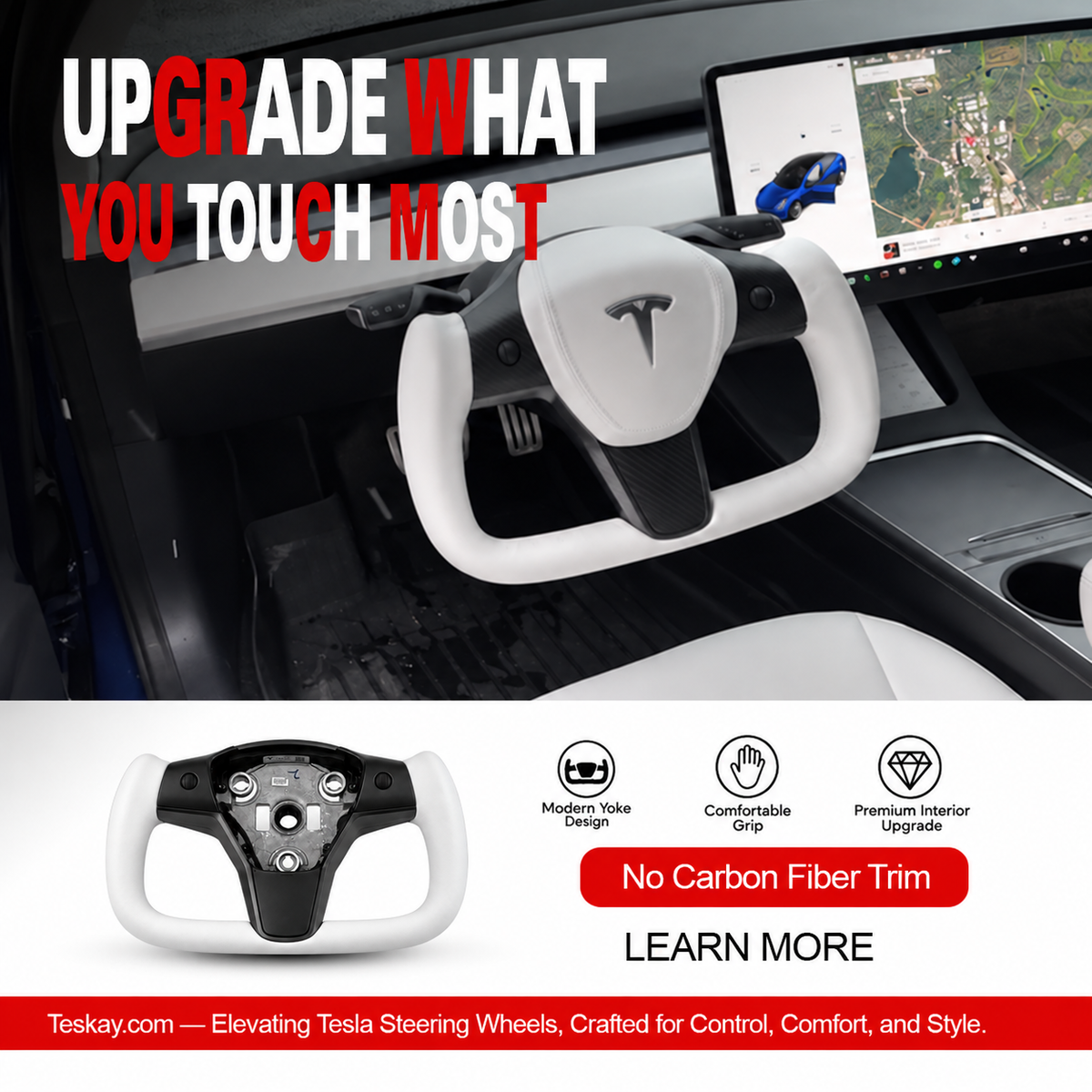 White Leather Yoke Steering Wheel for Tesla Model 3/Y No