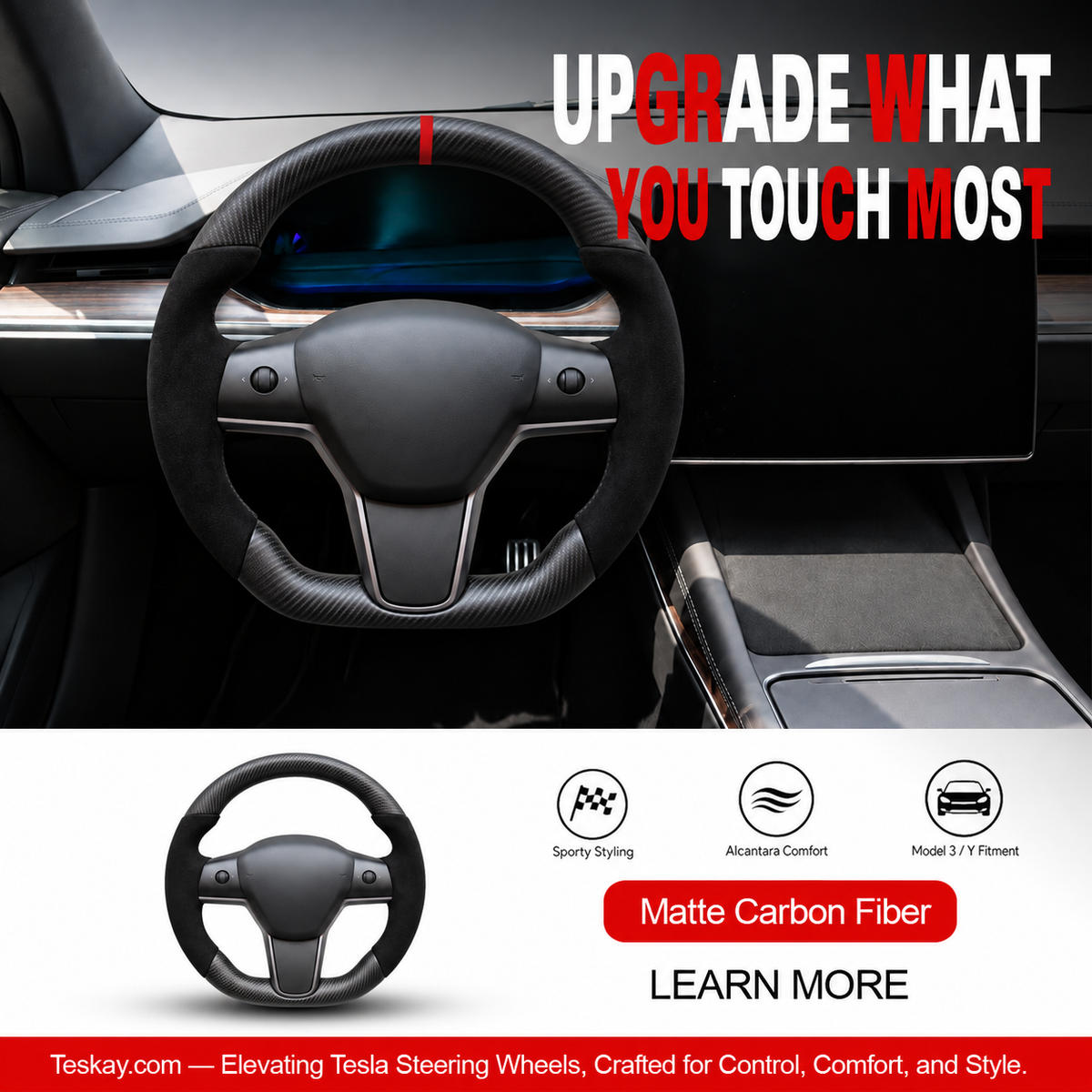 Alcantara Carbon Fiber Steering Wheel for Tesla Model 3 / Y Matte carbon fiber