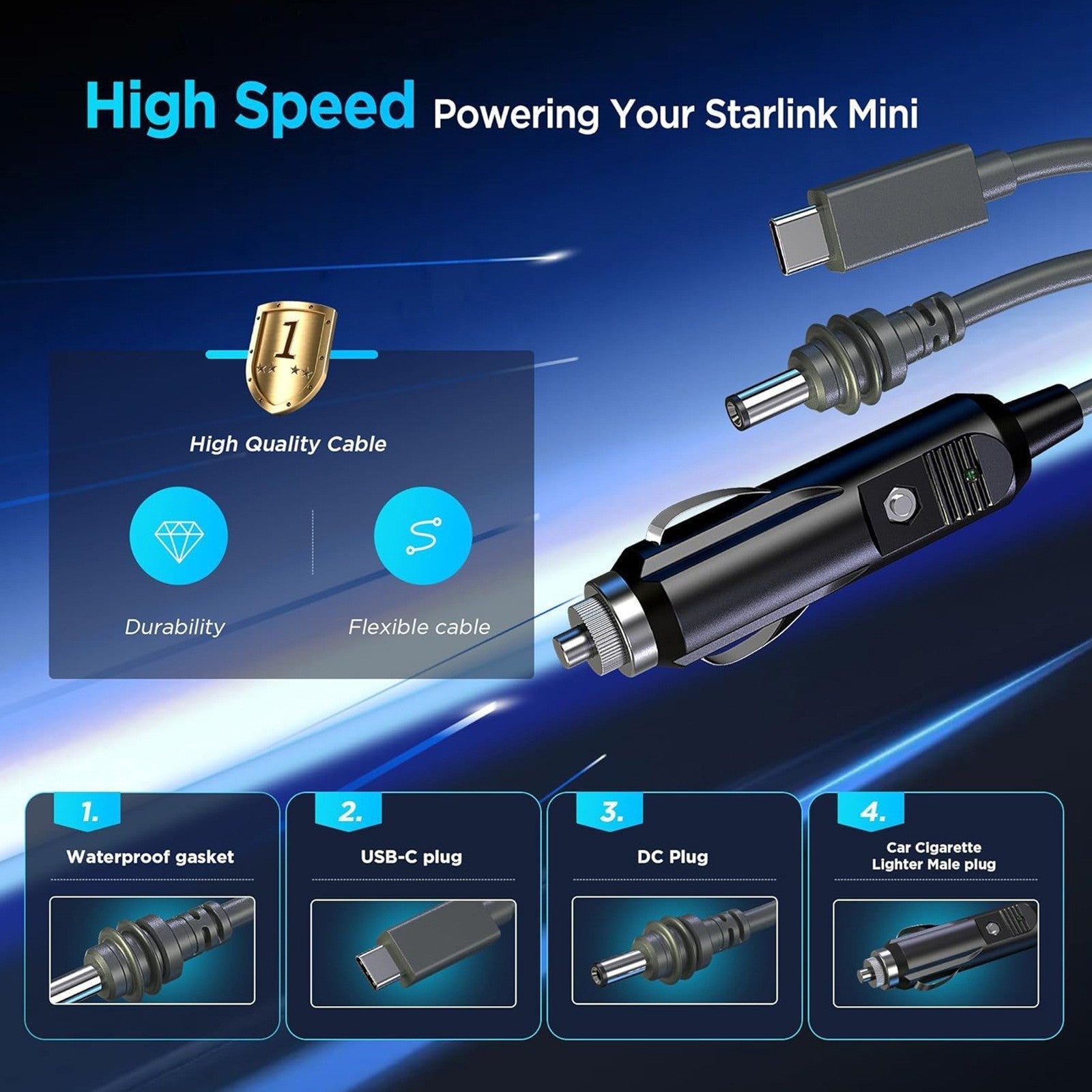 3-in-1 Car Charging Power Cable for Starlink Mini - Teskay