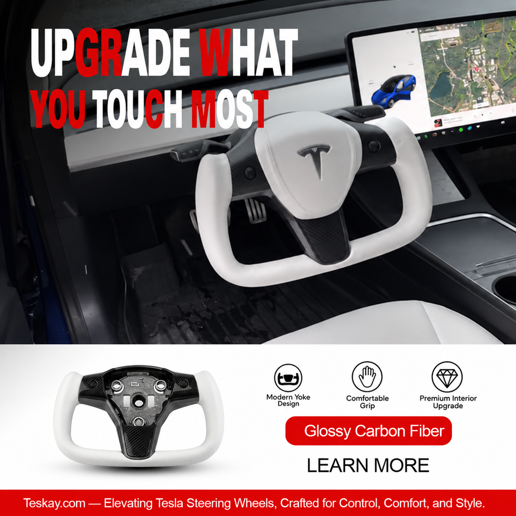 White Leather Yoke Steering Wheel for Tesla Model 3/Y Glossy Carbon Fiber