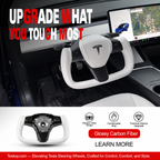 White Leather Yoke Steering Wheel for Tesla Model 3/Y Glossy Carbon Fiber