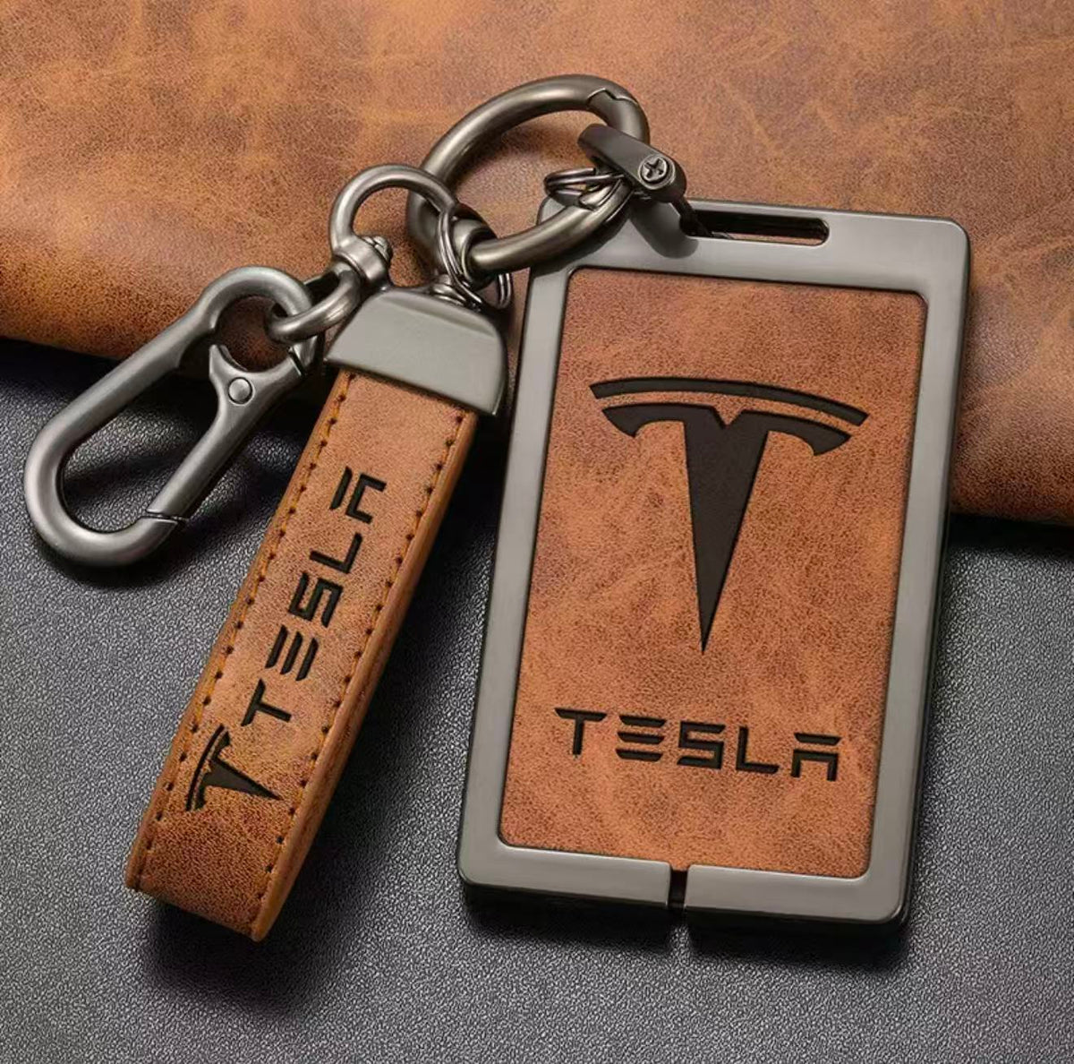 Key Card Holder for All Tesla Models - Zinc Alloy Full Protection with Keychain Brown