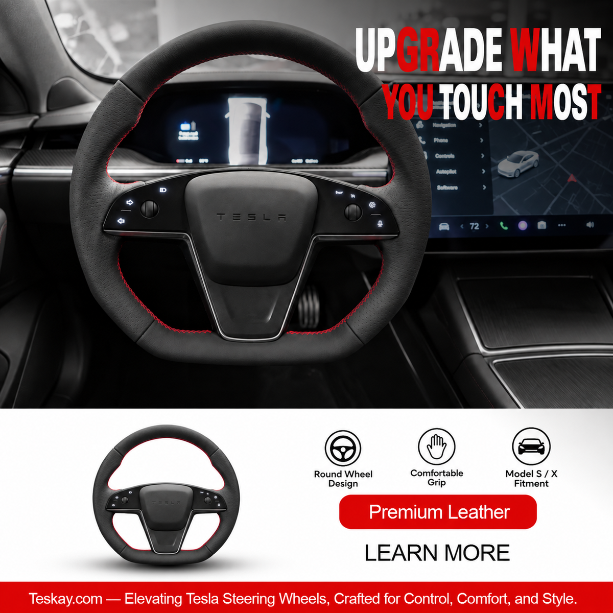 Plaid Round Steering Wheel Replacement for Tesla Model S / X 2021-2025 Model S Premium Leather