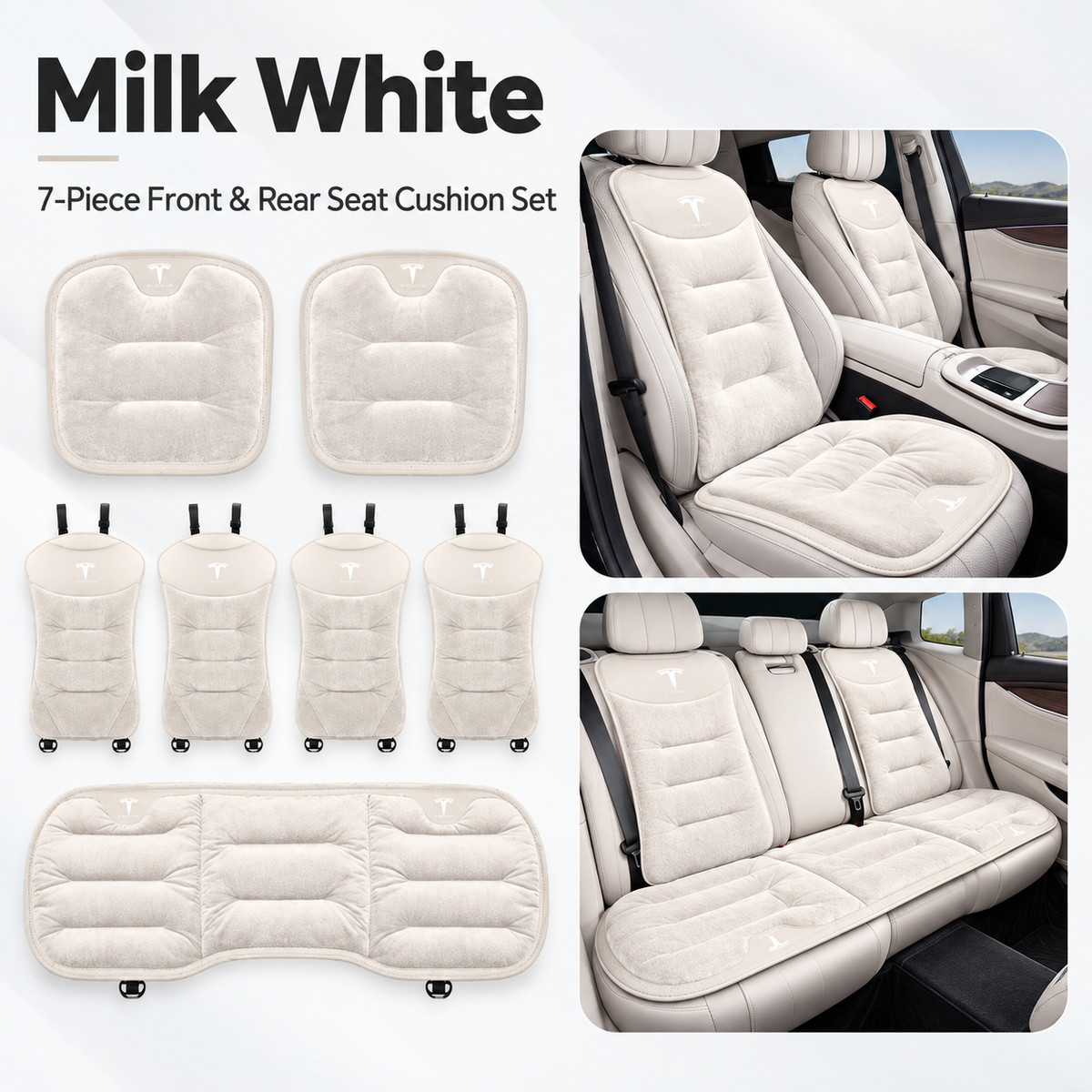 Winter Warm Flannel Seat Cushions & Backrest Covers for Tesla Model 3/Y/YL/S/X – Soft, Comfortable & Non-Slip white 7-piece set for front and rear rows