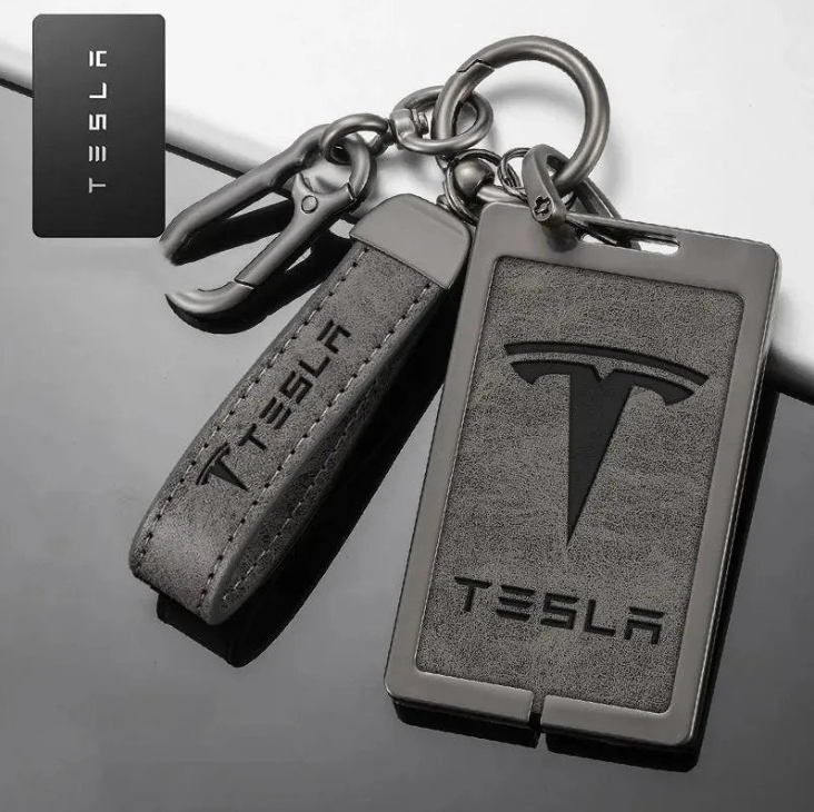 Key Card Holder for All Tesla Models - Zinc Alloy Full Protection with Keychain Gray