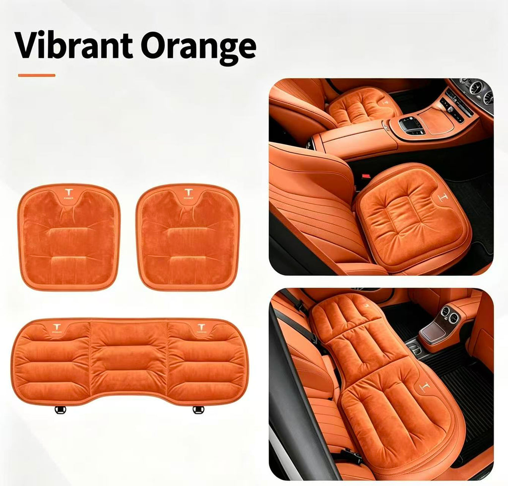 Winter Warm Flannel Seat Cushions & Backrest Covers for Tesla Model 3/Y/YL/S/X – Soft, Comfortable & Non-Slip orange Front and rear 3-piece set