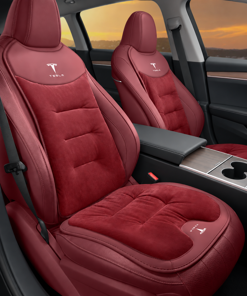 Winter Warm Flannel Seat Cushions & Backrest Covers for Tesla Model 3/Y/YL/S/X – Soft, Comfortable & Non-Slip red Front row 4-piece set