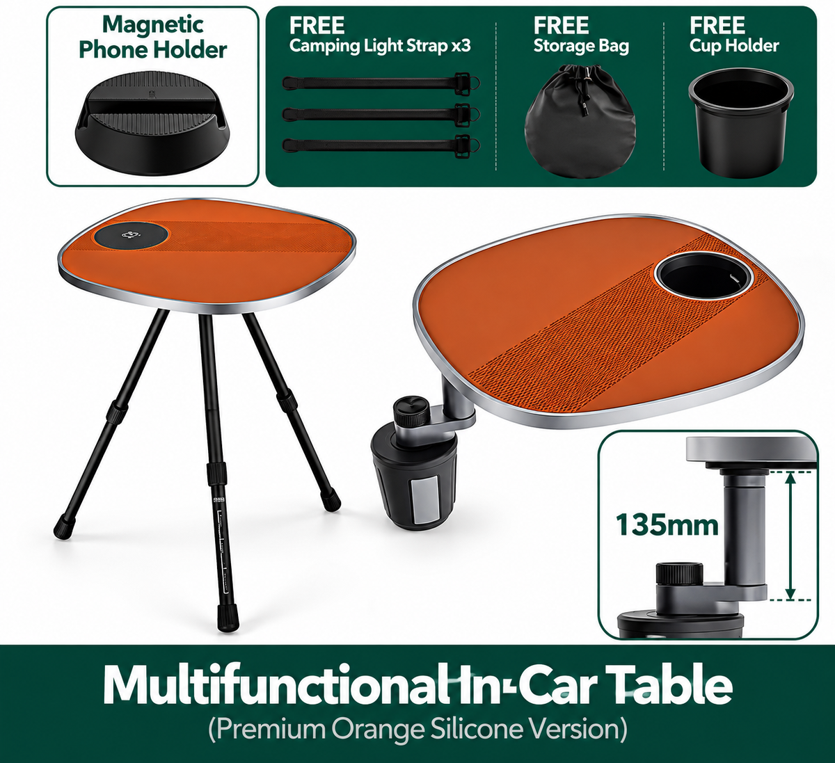 360° Rotating Floating Tray Table for Tesla Model 3/Y/S/X Orange food-grade silicone version