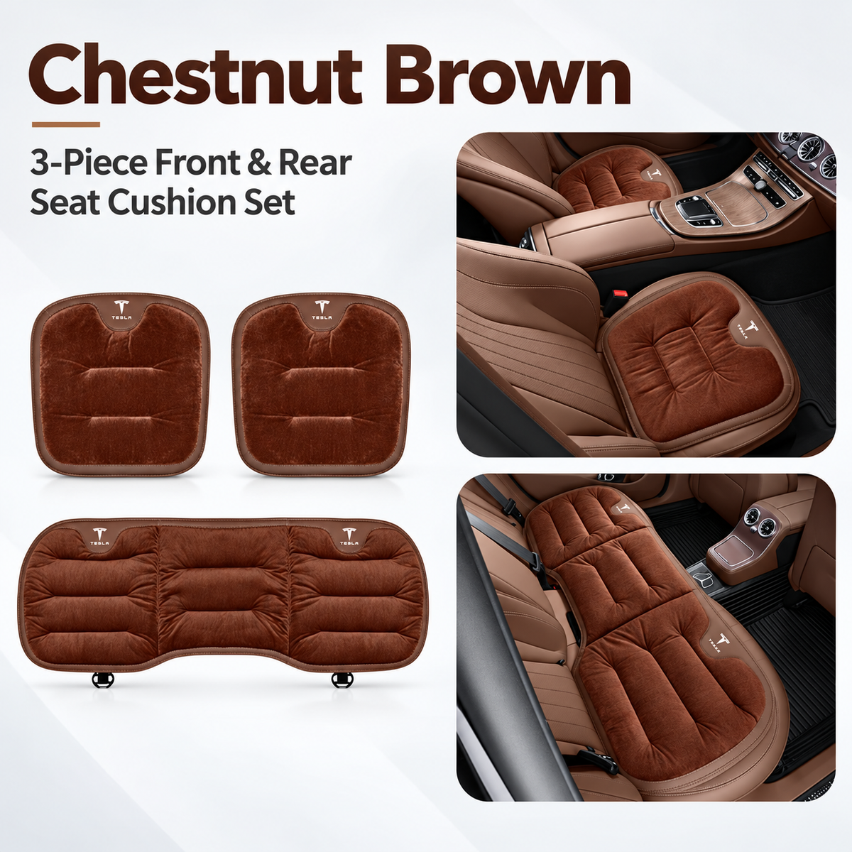 Winter Warm Flannel Seat Cushions & Backrest Covers for Tesla Model 3/Y/YL/S/X – Soft, Comfortable & Non-Slip brown Front and rear 3-piece set