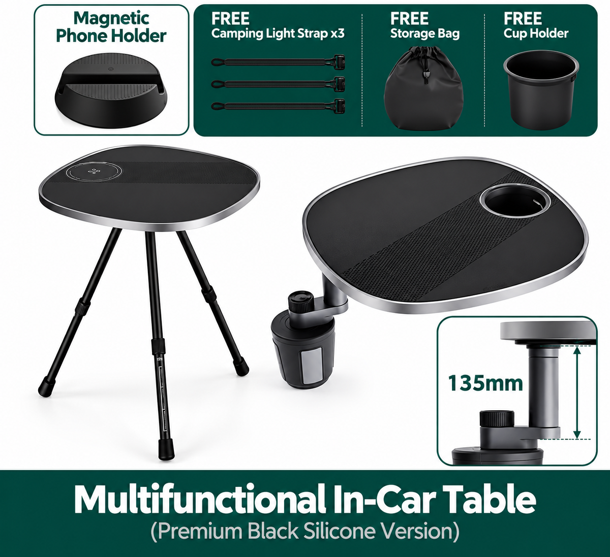 360° Rotating Floating Tray Table for Tesla Model 3/Y/S/X Carbon black food-grade silicone