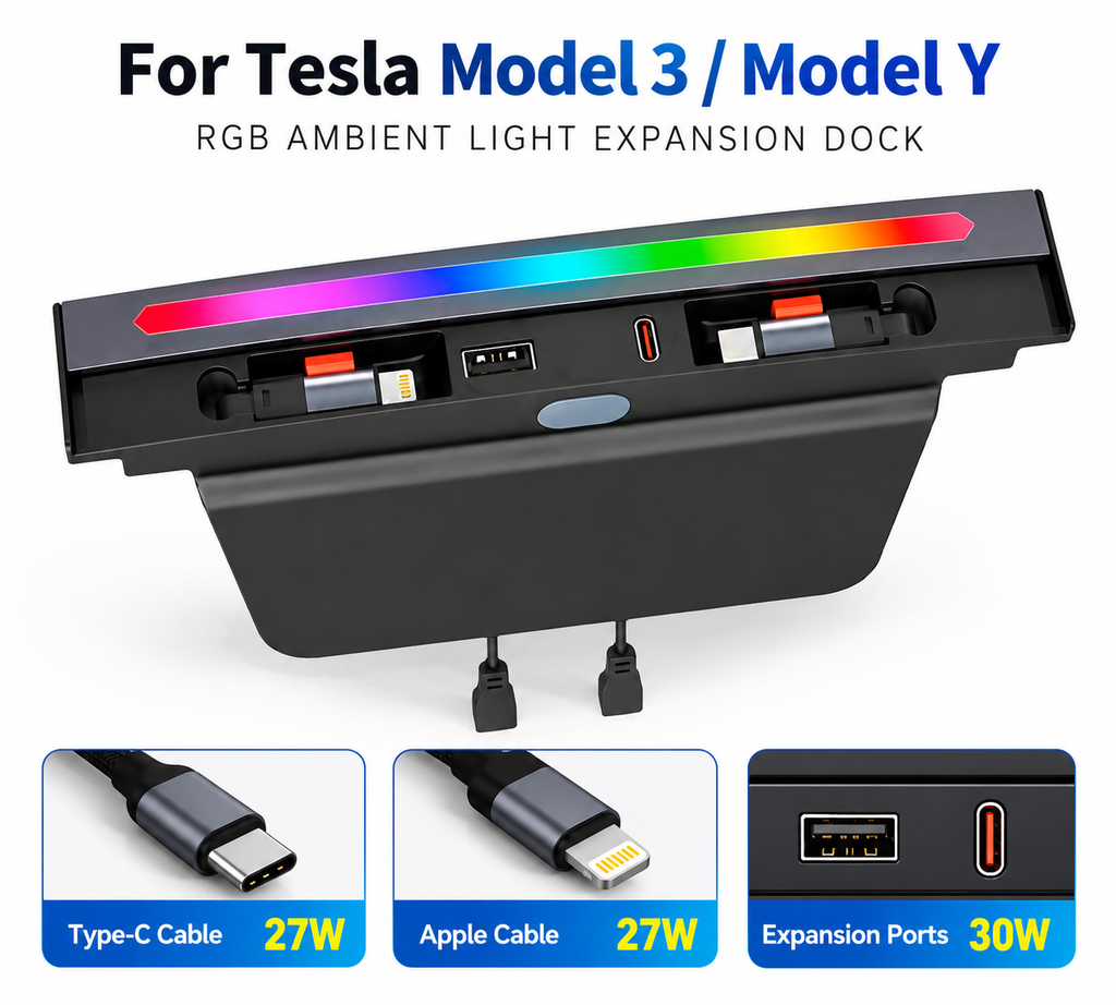 Center Console Ambient Light USB Hub Tesla Model Y Juniper / Model 3 Highland Lighting + Type C