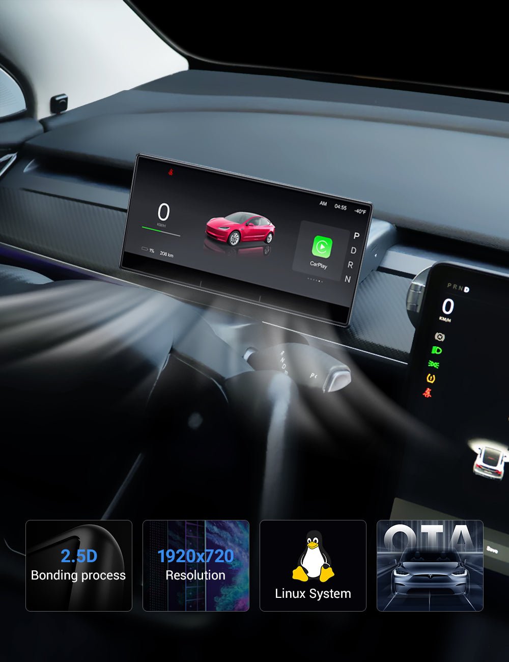 9 Inch Screen Dashboard Display With Carplay & Android Auto for Tesla Model 3 / Model Y - Teskay