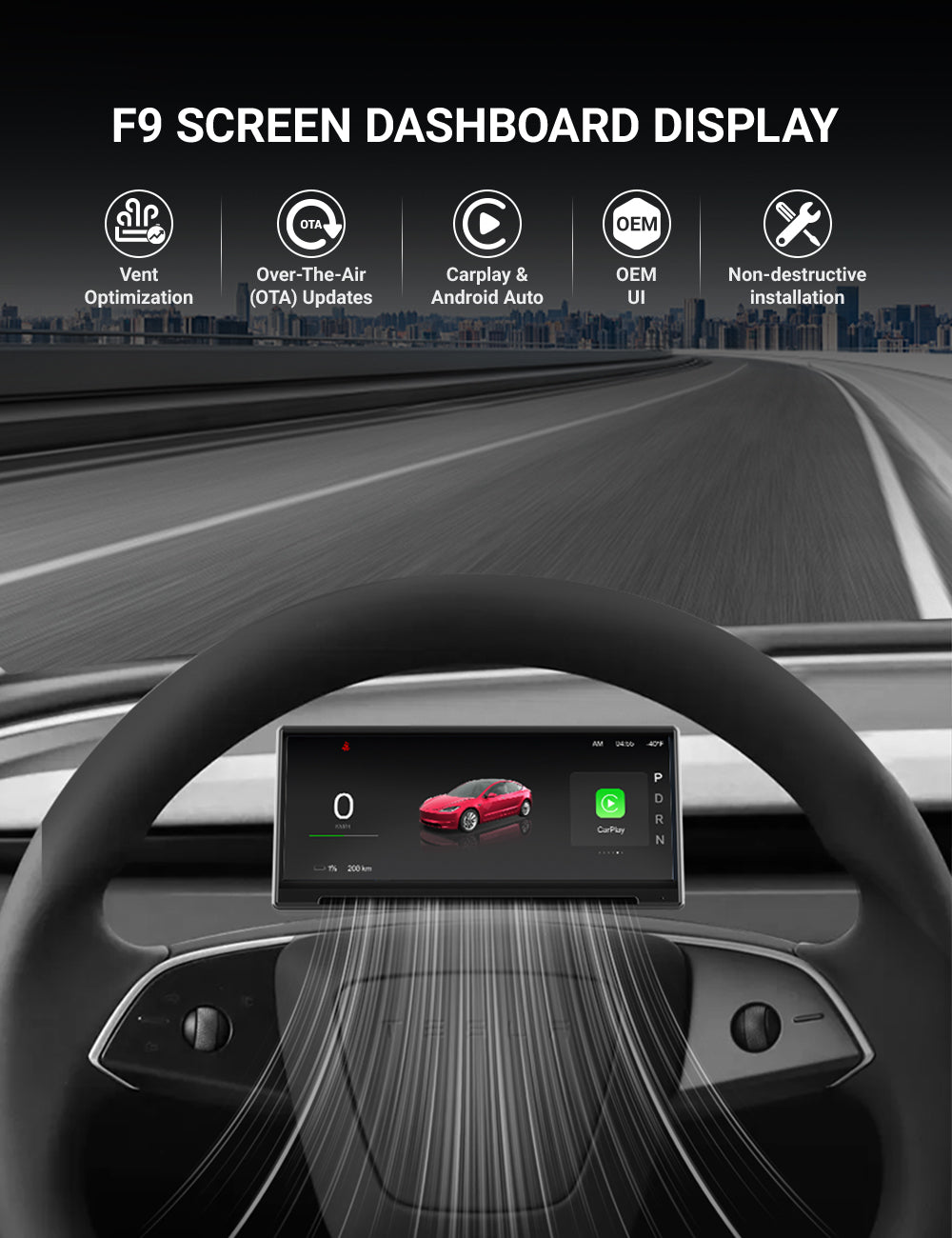 9 Inch Screen Dashboard Display With Carplay & Android Auto for Tesla Model 3 / Model Y - Teskay