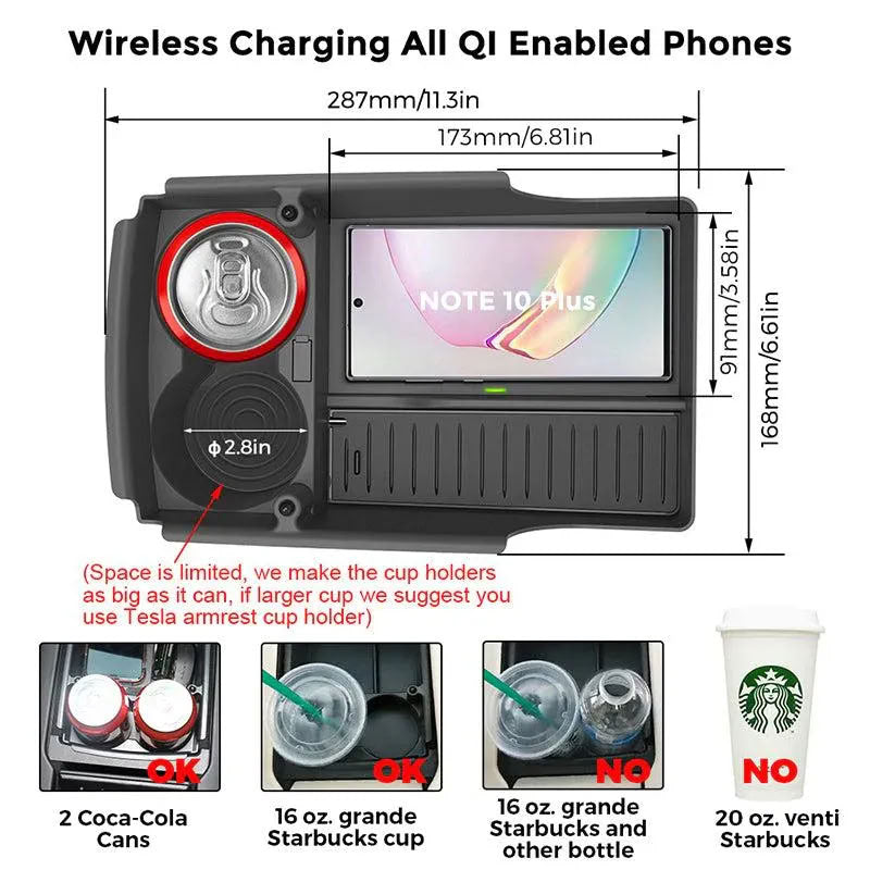 Center Console Organizer with Wireless Charging for Tesla Model S/X（2016-2020）