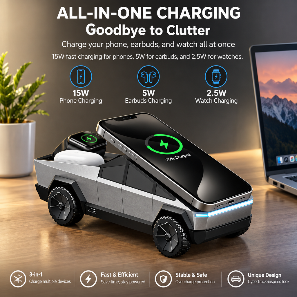 Cybertruck-Inspired 3-in-1 Wireless Charging Dock for iPhone, Apple Watch & AirPods