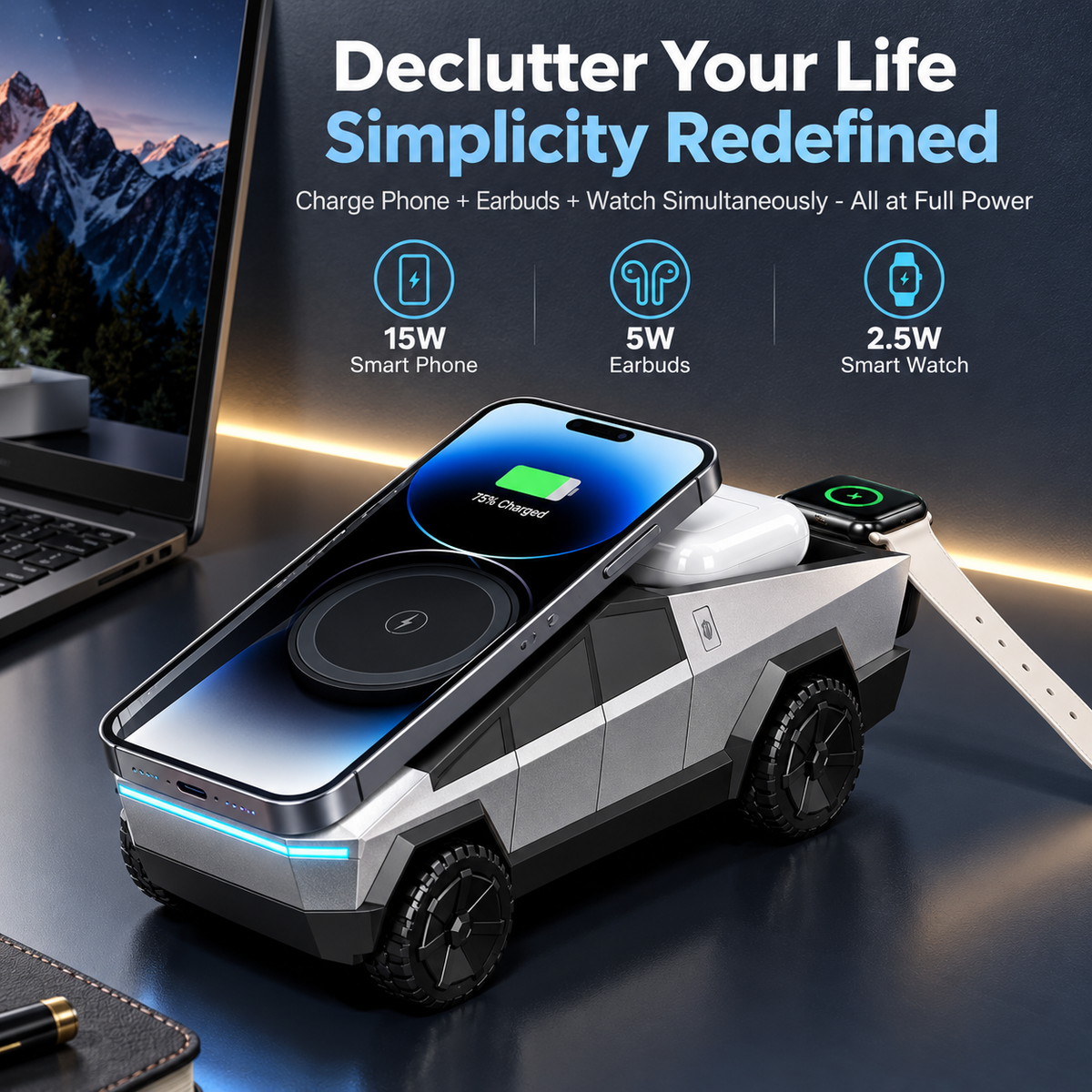 Cybertruck-Inspired 3-in-1 Wireless Charging Dock for iPhone, Apple Watch & AirPods
